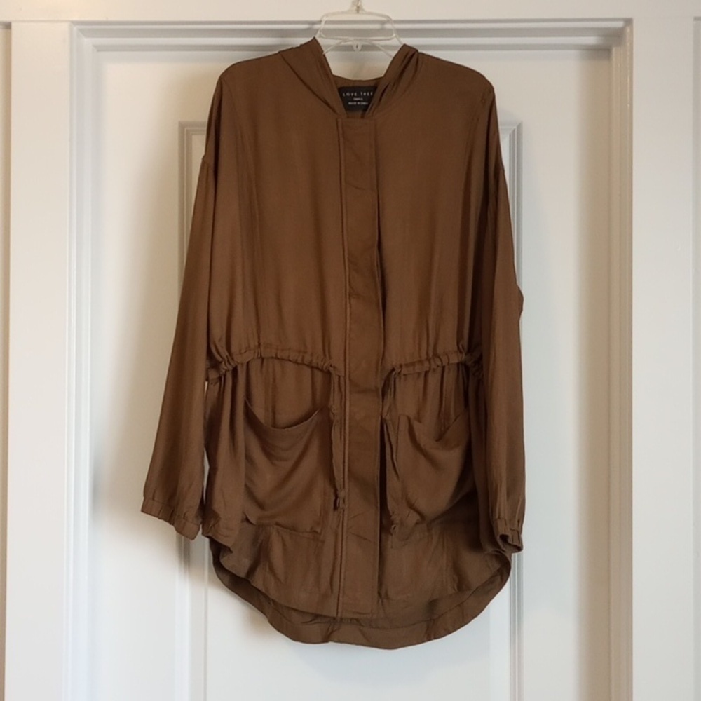 Love Tree Womens Jacket Sz S Olive Green Drawstring Zipper Lightweight Layer Fun